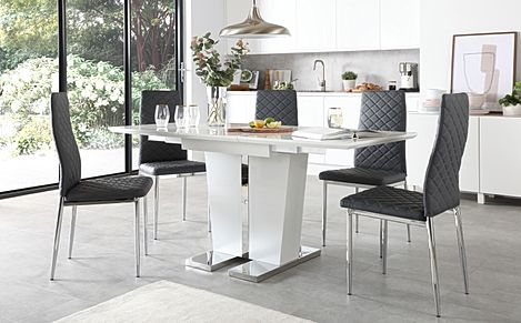 Vienna White High Gloss Extending Dining Table with 4 Renzo Grey Leather Chairs