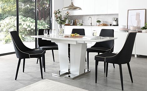 Vienna White High Gloss Extending Dining Table with 4 Modena Black Fabric Chairs