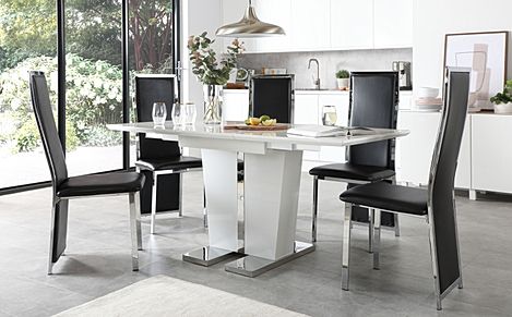 Vienna White High Gloss Extending Dining Table with 4 Celeste Black Leather Chairs