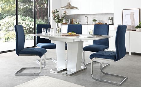 Vienna White High Gloss Extending Dining Table with 6 Perth Blue Velvet Chairs