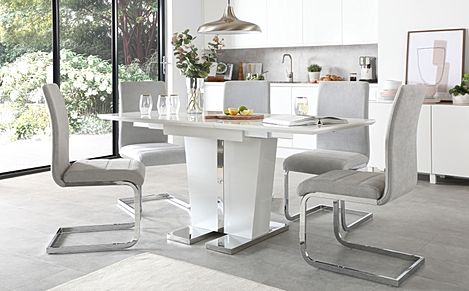 Vienna White High Gloss Extending Dining Table with 6 Perth Dove Grey Fabric Chairs