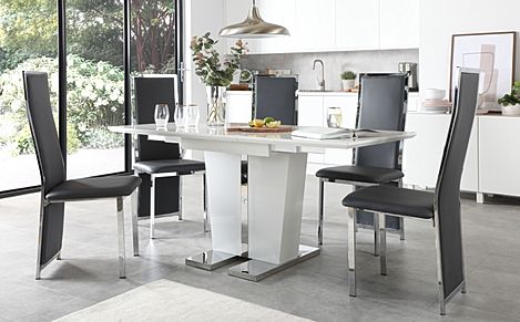 Vienna White High Gloss Extending Dining Table with 4 Celeste Grey Leather Chairs