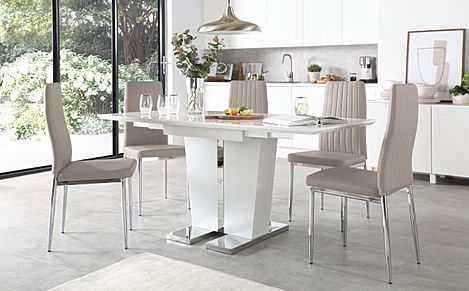 Vienna White High Gloss Extending Dining Table with 6 Leon Stone Grey Leather Chairs