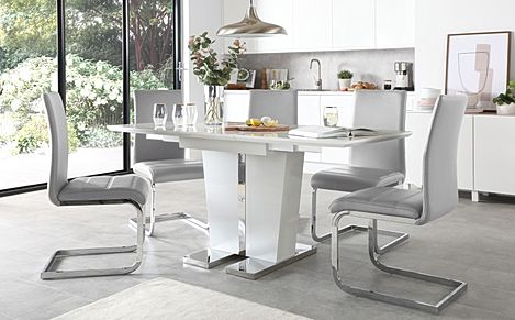 Vienna White High Gloss Extending Dining Table with 6 Perth Light Grey Leather Chairs