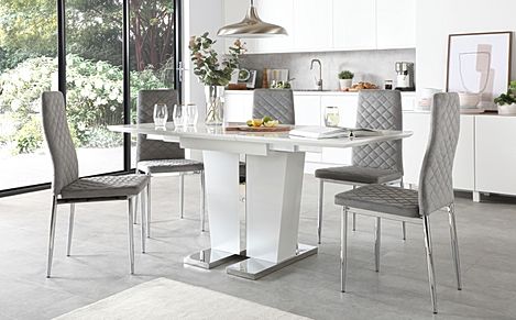 Vienna White High Gloss Extending Dining Table with 6 Renzo Grey Velvet Chairs