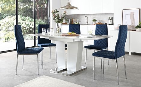 Vienna White High Gloss Extending Dining Table with 4 Renzo Blue Velvet Chairs