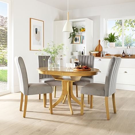 Hudson Round Oak Extending Dining Table with 6 Salisbury Grey Velvet Chairs