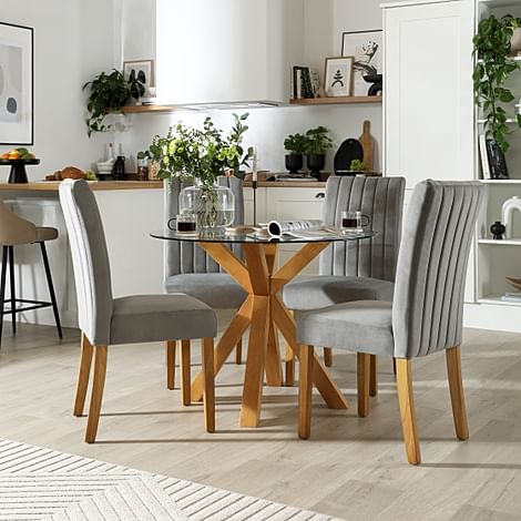 Hatton Round Dining Table & 4 Salisbury Chairs, Glass & Natural Oak Finished Solid Hardwood, Grey Classic Velvet, 100cm