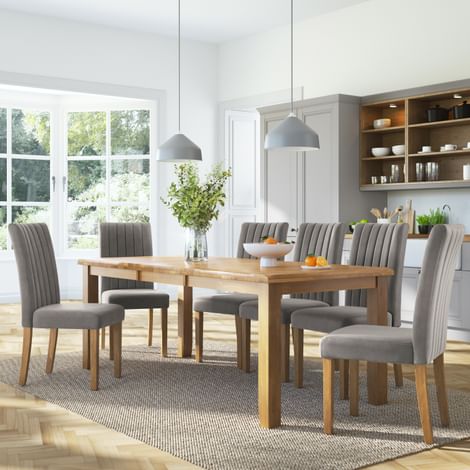 Highbury Extending Dining Table & 4 Salisbury Chairs, Natural Oak Finished Solid Hardwood, Grey Classic Velvet, 150-200cm