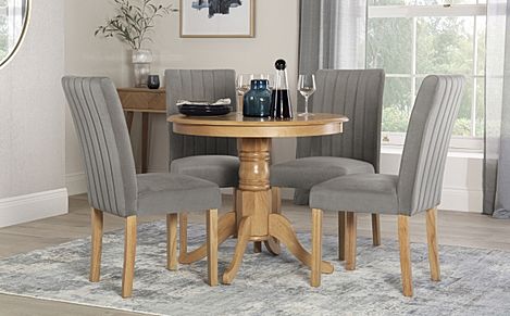 Kingston Round Oak Dining Table with 4 Salisbury Grey Velvet Chairs