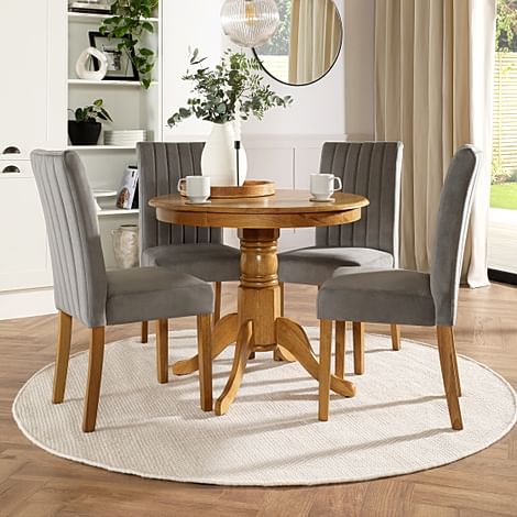 Kingston Round Dining Table & 4 Salisbury Chairs, Natural Oak Finished Solid Hardwood, Grey Classic Velvet, 90cm