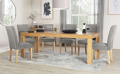Cambridge Extending Dining Table & 4 Salisbury Chairs, Natural Oak Veneer & Solid Hardwood, Grey Classic Velvet & Natural Oak Finished Solid Hardwood, 175-220cm