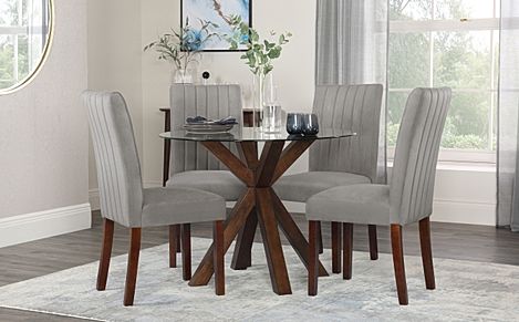 Hatton Round Dining Table & 4 Salisbury Chairs, Glass & Dark Solid Hardwood, Grey Classic Velvet, 100cm