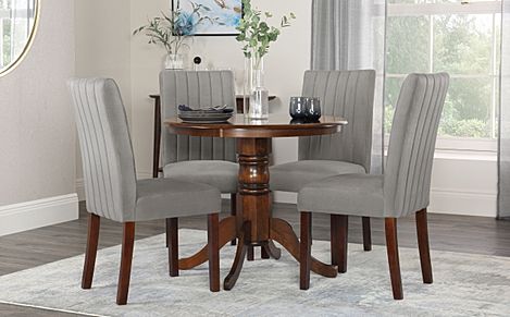 Kingston Round Dark Wood Dining Table with 4 Salisbury Grey Velvet Chairs