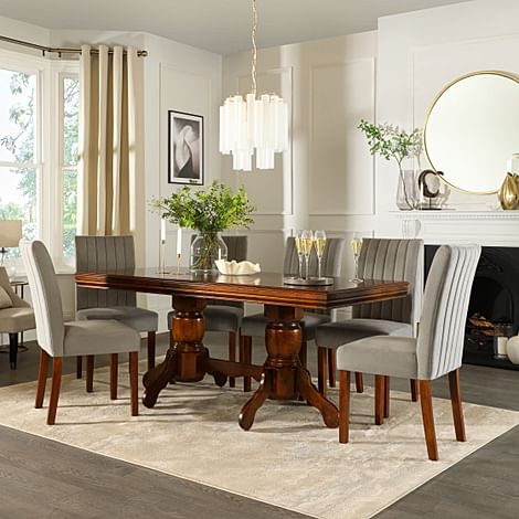Chatsworth Dark Wood Extending Dining Table with 6 Salisbury Grey Velvet Chairs