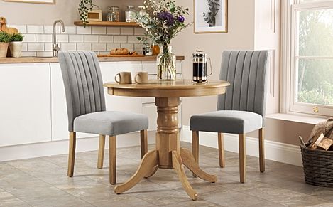 Kingston Round Oak Dining Table with 2 Salisbury Grey Velvet Chairs