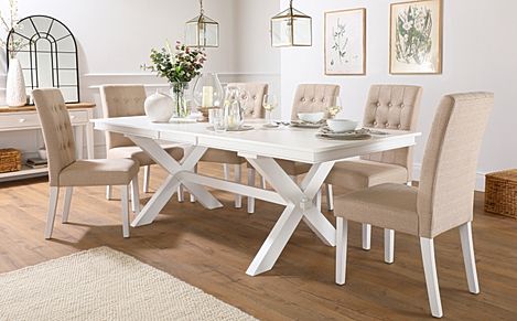 Grange White Extending Dining Table with 8 Regent Oatmeal Fabric Chairs