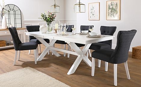 Grange Extending Dining Table & 6 Bewley Chairs, White Wood, Slate Grey Classic Linen-Weave Fabric, 180-220cm