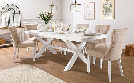 Grange Extending Dining Table & 4 Bewley Chairs, White Wood, Oatmeal Classic Linen-Weave Fabric, 180-220cm