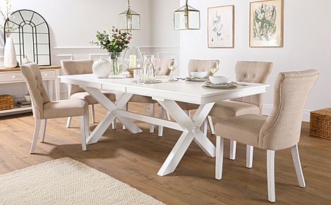 Grange White Extending Dining Table with 8 Bewley Oatmeal Fabric Chairs