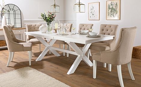 Grange White Extending Dining Table with 6 Duke Oatmeal Fabric Chairs