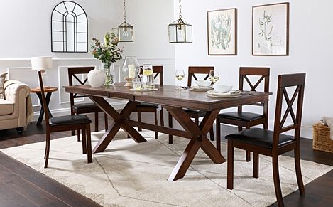 Grange Dark Wood Extending Dining Table with 6 Kendal Chairs (Brown Leather Seat Pads)
