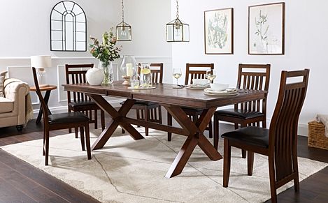Grange Dark Wood Extending Dining Table with 6 Java Chairs (Brown Leather Seat Pads)