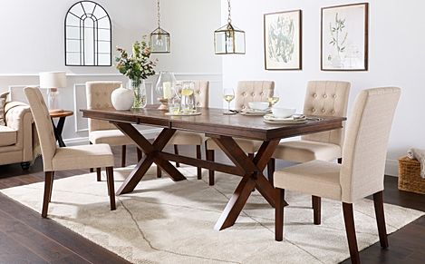 Grange Extending Dining Table & 4 Regent Chairs, Dark Oak Veneer & Solid Hardwood, Oatmeal Classic Linen-Weave Fabric & Dark Solid Hardwood, 180-220cm
