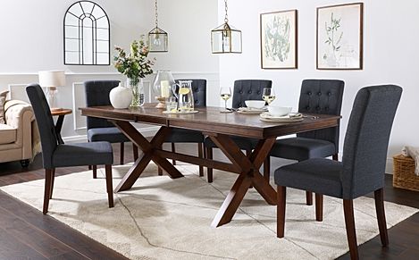 Grange Extending Dining Table & 4 Regent Chairs, Dark Oak Veneer & Solid Hardwood, Slate Grey Classic Linen-Weave Fabric & Dark Solid Hardwood, 180-220cm