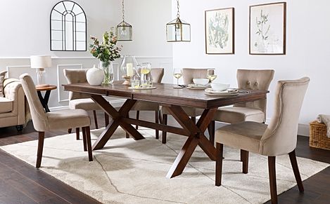 Grange Extending Dining Table & 6 Bewley Chairs, Dark Oak Veneer & Solid Hardwood, Champagne Classic Velvet & Dark Solid Hardwood, 180-220cm