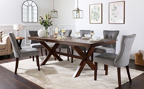 Grange Extending Dining Table & 6 Bewley Chairs, Dark Oak Veneer & Solid Hardwood, Grey Classic Velvet & Dark Solid Hardwood, 180-220cm