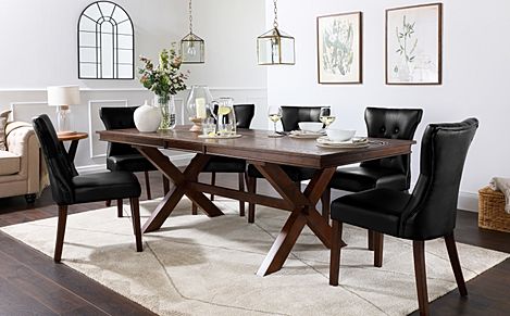 Grange Dark Wood Extending Dining Table with 8 Bewley Black Leather Chairs