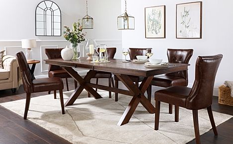 Grange Dark Wood Extending Dining Table with 4 Bewley Club Brown Leather Chairs