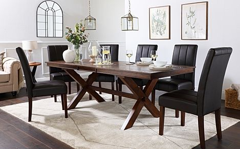 Grange Extending Dining Table & 6 Carrick Chairs, Dark Oak Veneer & Solid Hardwood, Brown Classic Faux Leather & Dark Solid Hardwood, 180-220cm