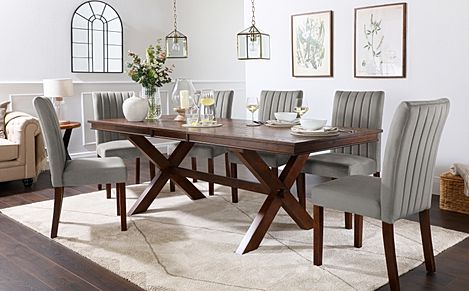Grange Extending Dining Table & 4 Salisbury Chairs, Dark Oak Veneer & Solid Hardwood, Grey Classic Velvet & Dark Solid Hardwood, 180-220cm