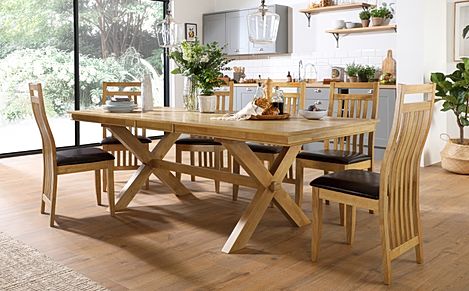 Grange Extending Dining Table & 6 Bali Chairs, Natural Oak Veneer & Solid Hardwood, Brown Classic Faux Leather & Natural Oak Finished Solid Hardwood, 180-220cm