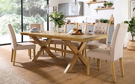 Grange Extending Dining Table & 4 Regent Chairs, Natural Oak Veneer & Solid Hardwood, Oatmeal Classic Linen-Weave Fabric & Natural Oak Finished Solid Hardwood, 180-220cm