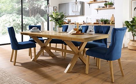 Grange Extending Dining Table & 6 Bewley Chairs, Natural Oak Veneer & Solid Hardwood, Blue Classic Velvet & Natural Oak Finished Solid Hardwood, 180-220cm
