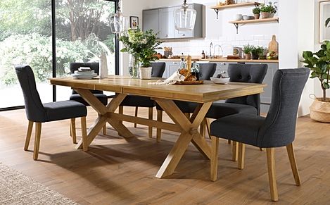 Grange Extending Dining Table & 8 Bewley Chairs, Natural Oak Veneer & Solid Hardwood, Slate Grey Classic Linen-Weave Fabric & Natural Oak Finished Solid Hardwood, 180-220cm