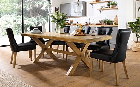 Grange Extending Dining Table & 8 Bewley Chairs, Natural Oak Veneer & Solid Hardwood, Black Classic Faux Leather & Natural Oak Finished Solid Hardwood, 180-220cm