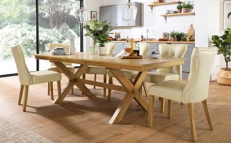 Grange Extending Dining Table & 6 Bewley Chairs, Natural Oak Veneer & Solid Hardwood, Ivory Classic Faux Leather & Natural Oak Finished Solid Hardwood, 180-220cm