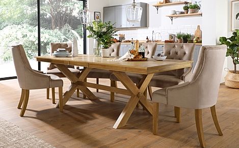 Grange Extending Dining Table & 6 Duke Chairs, Natural Oak Veneer & Solid Hardwood, Champagne Classic Velvet & Natural Oak Finished Solid Hardwood, 180-220cm