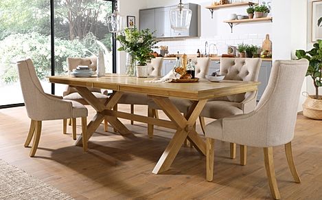 Grange Extending Dining Table & 4 Duke Chairs, Natural Oak Veneer & Solid Hardwood, Oatmeal Classic Linen-Weave Fabric & Natural Oak Finished Solid Hardwood, 180-220cm