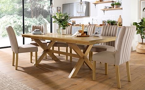 Grange Extending Dining Table & 6 Salisbury Chairs, Natural Oak Veneer & Solid Hardwood, Champagne Classic Velvet & Natural Oak Finished Solid Hardwood, 180-220cm