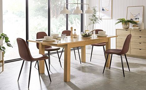 Hamilton 150-200cm Oak Extending Dining Table with 4 Brooklyn Tan Leather Chairs