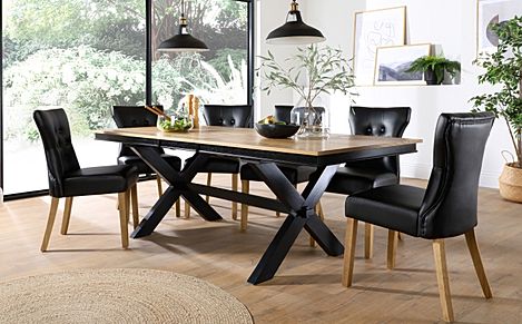 Grange Extending Dining Table & 4 Bewley Chairs, Natural Oak Veneer & Black Solid Hardwood, Black Classic Faux Leather & Natural Oak Finished Solid Hardwood, 180-220cm