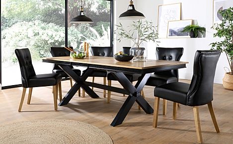 Grange Extending Dining Table & 6 Bewley Chairs, Natural Oak Veneer & Black Solid Hardwood, Black Classic Faux Leather & Natural Oak Finished Solid Hardwood, 180-220cm