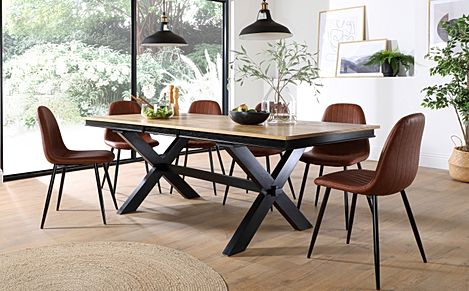 Grange Extending Dining Table & 6 Brooklyn Chairs, Natural Oak Veneer & Black Solid Hardwood, Tan Classic Faux Leather & Black Steel, 180-220cm
