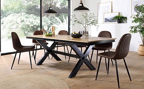 Grange Extending Dining Table & 4 Brooklyn Chairs, Natural Oak Veneer & Black Solid Hardwood, Vintage Brown Classic Faux Leather & Black Steel, 180-220cm