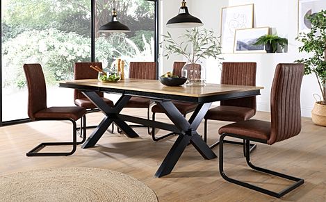 Grange Extending Dining Table & 4 Perth Chairs, Natural Oak Veneer & Black Solid Hardwood, Tan Classic Faux Leather & Black Steel, 180-220cm